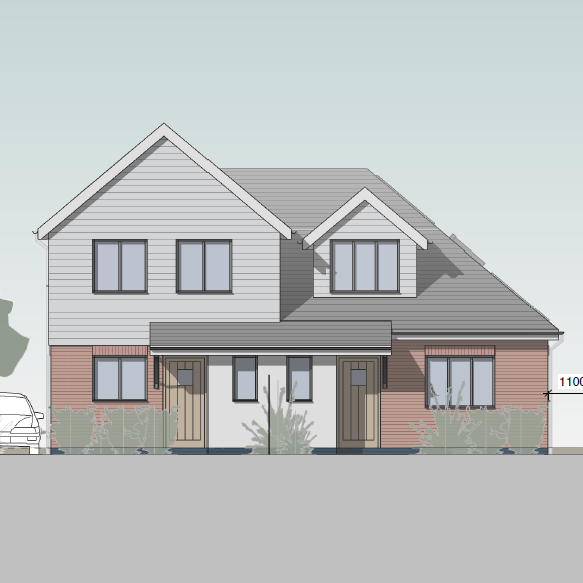 Modern new build houses in banstead countryside Modern two-storey house with a grey exterior and landscaped front garden.