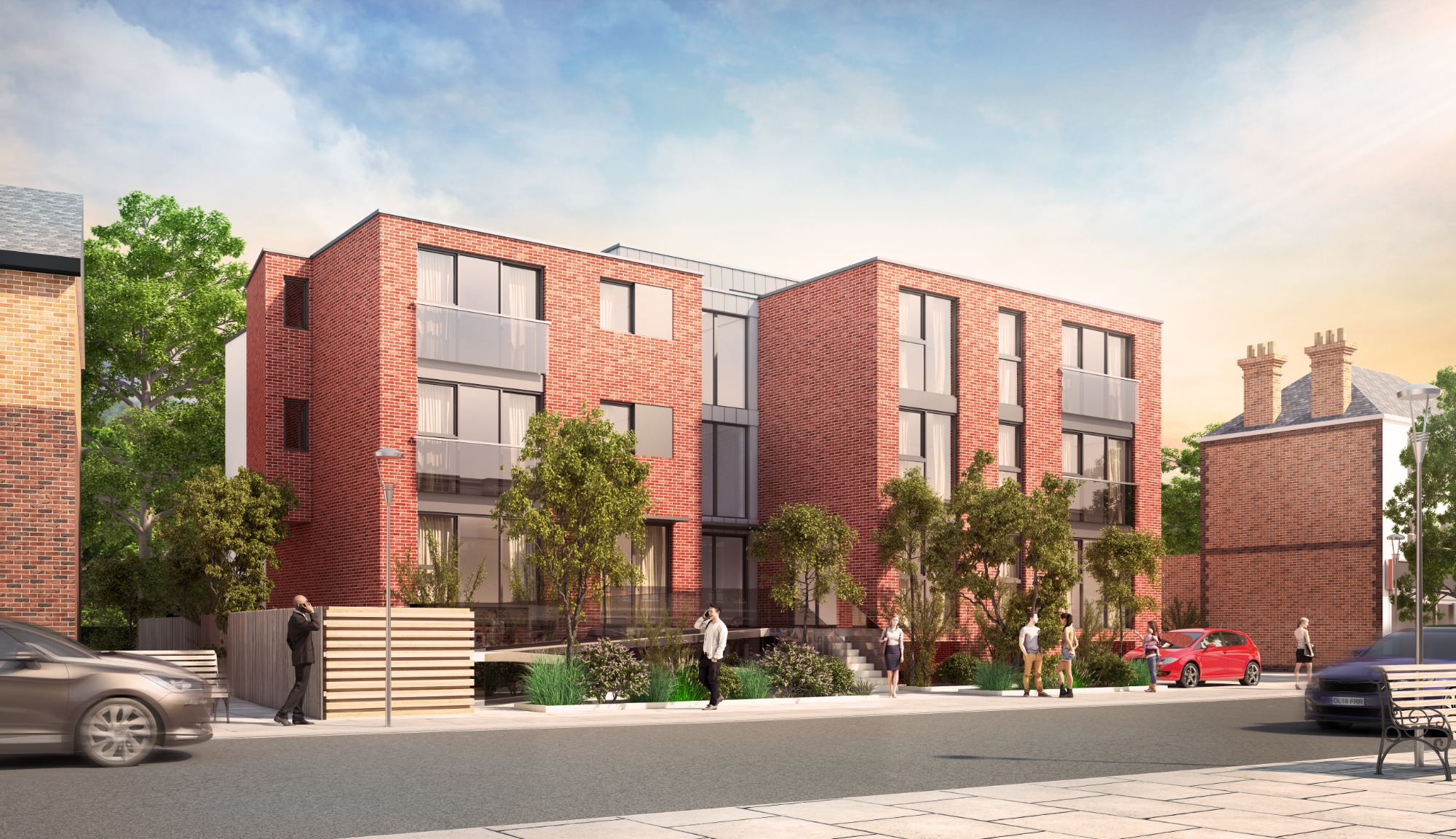 Godstone Road, Whyteleafe Modern residential building with brick facade and landscaped front, pedestrians nearby.