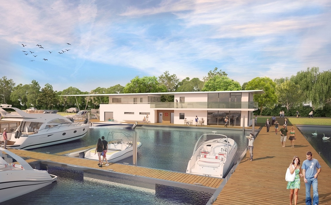 Marina Abbey Meadows, Chertsey Modern marina with luxury boats and a contemporary waterfront building surrounded by greenery.